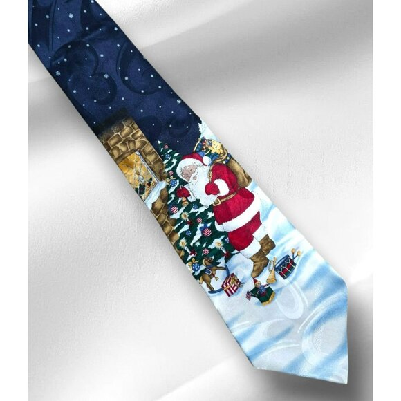 VTG Santa Claus Silk Christmas Neck Tie Tree Gifts Snow Holiday George Machado - Picture 1 of 8